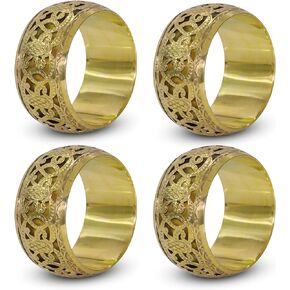 Oriental Medallion Motif Design - 2 Inch Gold Tone Polished Aluminum Napkin Ring; Set of 4