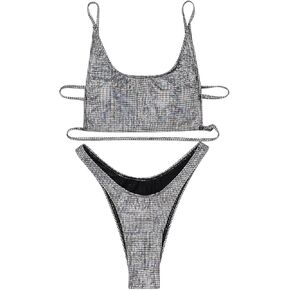 ABAFIP Women's Rave Outfits Shiny Bikini Swimsuits Holographic Bra Top Panty Two Piece Music Festival set