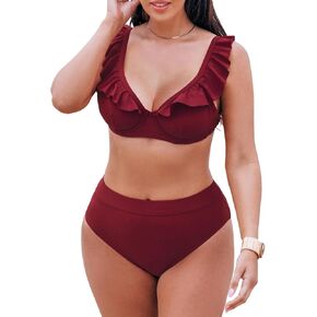 CUPSHE Bikini Sets for Women Large Bust High Waisted Ruffled Deep V Neck Back Self Tie Adjustable Straps