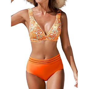 CUPSHE Women's Bikini Sets Two Piece Bathing Suit High Waisted V Neck Back Hook Wide Straps Retro Swimwear
