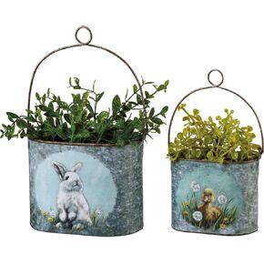 Primitives by Kathy Spring Decorative Bucket Set, 7.50" x 4.25" x 3.50", 5.50" x 3.50" x 2.50"