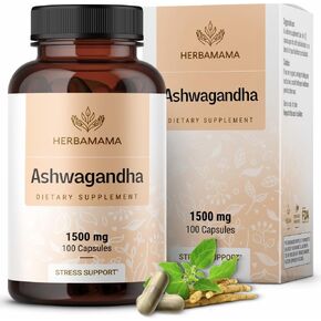 HERBAMAMA Ashwagandha Capsules - Stress Support, Deep Sleep, Focus & Natural Energy Supplements - Organic Withania Somnifera Root for Thyroid & Adrenal Support - 1500mg Non-GMO, Vegan 100 Caps