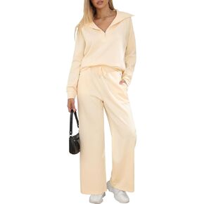 Women 2 Piece Outfits Fall Tracksuit Sweatsuit Half Zip Sweatshirt Wide Leg Sweatpants Lounge Set Trendy Matching Set