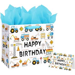 13" Large Happy Birthday Gift Bag for Baby Boy Kids with Tissue Paper and Card (Construction Vehicle)