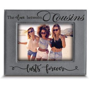 BELLA BUSTA -Cousins-The Love Between Cousins Lasts Forever_Birthday, Christmas gift for Cousin -Engraved Leather Picture Frame (5 x 7 Horizontal)