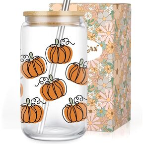 LEADO Fall Pumpkin Cup, Halloween Iced Coffee Cup, 16 oz Aesthetic Cute Glass Cups with Lids and Straws, Thanksgiving Tumbler Mug - Fall Gifts, Halloween Boo Basket Gifts for Women, Her, Adult