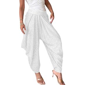 Women's Sequins Lantern Tapered Harem Pants Bling Trousers Baggy Slacks Sparkle Dance Palazzo Hippie Pants