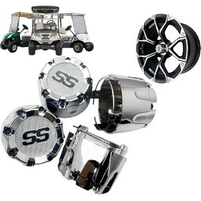Golf Cart SS Wheel Center Cap Cover, ITP Push in Style Wheel Hub Caps (New for 2024) for EZGO Club Car Yamaha and Other Models 8,10,12,14 inch Wheel,4 PCS(Gloss Black with Black SS)