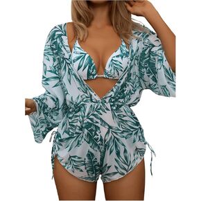 Women's 3 Piece Tropical Bikini Sets Halter Swimsuit with Drawstring Bathing Suit Cover Up