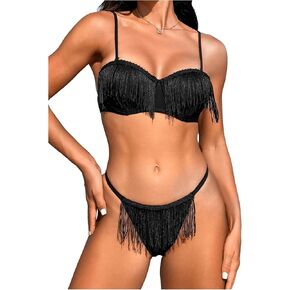 Floerns Women's Bathing Suit Fringe Trim String Thong Bikini 2 Piece Bikini Set