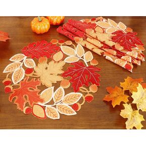 Fall Placemats Set of 4 Applique Cutwork Embroidered Maple Leaves Dresser Scarf Table Topper for Thanksgiving's Day Home Holiday Party Decoration,Orange Red (Placemat 14" Set of 4, Orange Red)