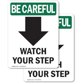 (2 Pack) Watch Your Step [Down Arrow] With Symbol OSHA Be Careful Sign 5 Inch X 7 Inch Vinyl Label Decal Sticker Weather Resistant, UV Protected for Workplace, Construction Site, Made in the USA