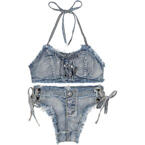 Women Low Waist Set Bra Sexy Bandage Jeans Suit Costume Nightclub Underwear Set Cowgirl Bikini