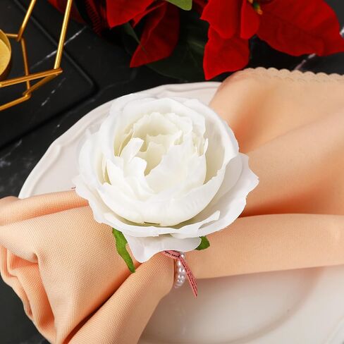 Pearl Napkin Rings Set of 12 Pink Flower Napkin Rings Rose Pearl Napkins Holders Rustic Dinner Table Rings for Wedding Party Banquet Birthday Table Decor, 1.9 x 4.1 in in Saudi Arabia