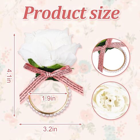 Pearl Napkin Rings Set of 12 Pink Flower Napkin Rings Rose Pearl Napkins Holders Rustic Dinner Table Rings for Wedding Party Banquet Birthday Table Decor, 1.9 x 4.1 in in Saudi Arabia