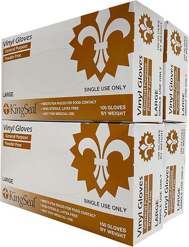 KingSeal LARGE Vinyl General Purpose Disposable Gloves, Powder-Free, 4 mil, Clear - 4 boxes of 100 Gloves by Weight (400 Count) in Kuwait