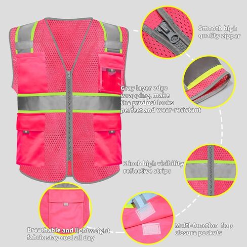 HYCOPROT High Visibility Mesh Reflective Safety Vests with Pockets and Zipper, Meets ANSI/ISEA Standards in Saudi Arabia