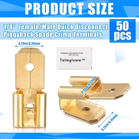 50 Pcs Piggyback Spade Connectors, 3 Way Adapter Dual Male to Single Female Brass Quick Disconnect Connectors Piggyback Terminals Crimp Terminals Assortment Kit, Unisulated in Saudi Arabia