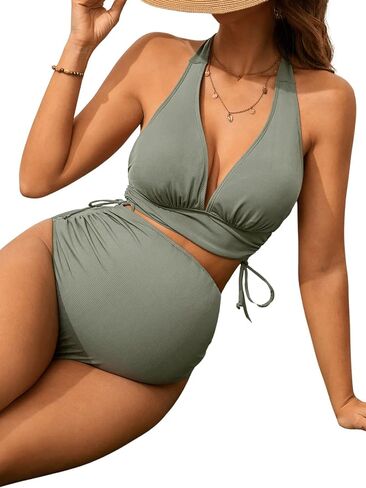 MakeMeChic Women's Maternity 2 Piece Bikini Set Halter Tie Back Ruched Rib Knitted Drawstring Pregnancy Swimsuit in Saudi Arabia