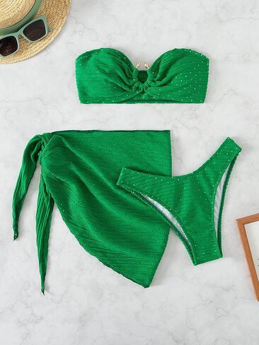 WDIRARA Women's 3 Pieces Cut Out Bandeau Bikini Swimsuit with Tie Side Beach Skirt in Saudi Arabia