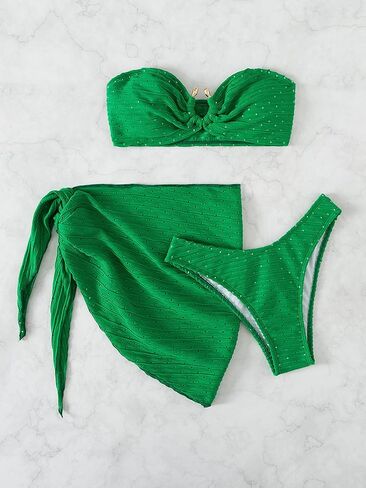 WDIRARA Women's 3 Pieces Cut Out Bandeau Bikini Swimsuit with Tie Side Beach Skirt in Saudi Arabia