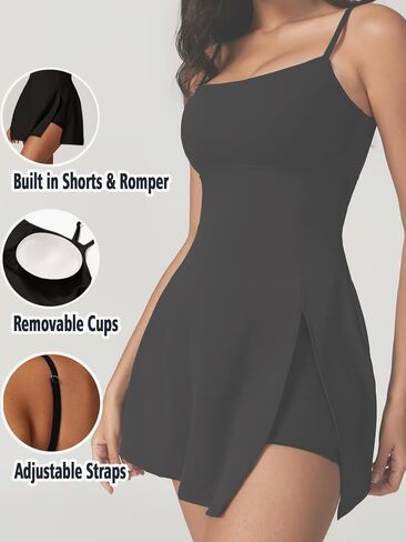 Women’s Tennis Dress with Built in Shorts and Bra Square Neck Spaghetti Strap Side Slit Workout Athletic Golf Dresses in Saudi Arabia