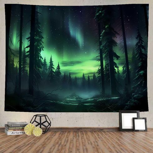 Northern Lights Forest Tapestry 80x60 Inches Aurora Borealis Misty Pine Trees Trippy Tapestry Aesthetic Wall Art Meditation Decor for Bedroom Living Room Dorm GTDJIE0005 in Kuwait