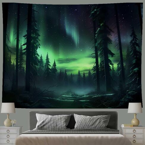 Northern Lights Forest Tapestry 80x60 Inches Aurora Borealis Misty Pine Trees Trippy Tapestry Aesthetic Wall Art Meditation Decor for Bedroom Living Room Dorm GTDJIE0005 in Kuwait