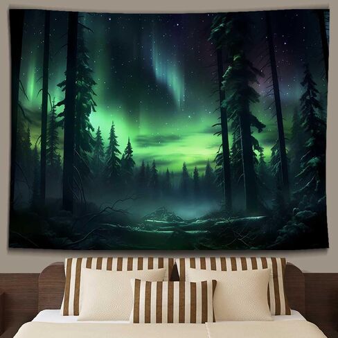 Northern Lights Forest Tapestry 80x60 Inches Aurora Borealis Misty Pine Trees Trippy Tapestry Aesthetic Wall Art Meditation Decor for Bedroom Living Room Dorm GTDJIE0005 in Kuwait