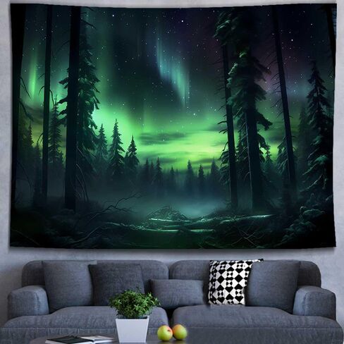 Northern Lights Forest Tapestry 80x60 Inches Aurora Borealis Misty Pine Trees Trippy Tapestry Aesthetic Wall Art Meditation Decor for Bedroom Living Room Dorm GTDJIE0005 in Kuwait