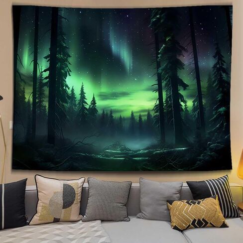 Northern Lights Forest Tapestry 80x60 Inches Aurora Borealis Misty Pine Trees Trippy Tapestry Aesthetic Wall Art Meditation Decor for Bedroom Living Room Dorm GTDJIE0005 in Kuwait