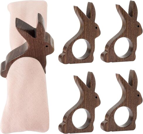 Easter Bunny Walnut Wood Napkin Rings Set of 4, Vintage Rabbit Napkin Holders for Holiday, Wedding,Christmas, Valentine, Thankful - Unique Brown Walnut Dinner Napkin Rings for Spring Dining Room Decor in Saudi Arabia