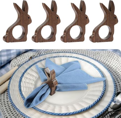 Easter Bunny Walnut Wood Napkin Rings Set of 4, Vintage Rabbit Napkin Holders for Holiday, Wedding,Christmas, Valentine, Thankful - Unique Brown Walnut Dinner Napkin Rings for Spring Dining Room Decor in Saudi Arabia