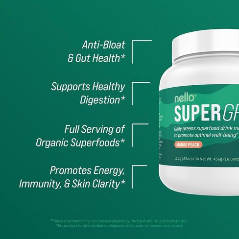 Nello Supergreens - Premium Superfood Greens Drink Mix with Chlorella, Moringa, Spinach, & Broccoli + Digestive Enzymes & Probiotic Blend -Nutrient-Packed Greens Powder Superfood for Wellness(30 SRV) in Saudi Arabia