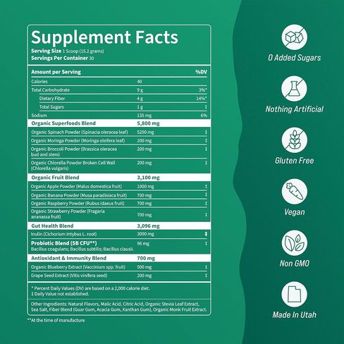 Nello Supergreens - Premium Superfood Greens Drink Mix with Chlorella, Moringa, Spinach, & Broccoli + Digestive Enzymes & Probiotic Blend -Nutrient-Packed Greens Powder Superfood for Wellness(30 SRV) in Saudi Arabia