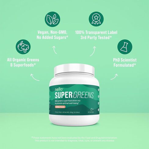 Nello Supergreens - Premium Superfood Greens Drink Mix with Chlorella, Moringa, Spinach, & Broccoli + Digestive Enzymes & Probiotic Blend -Nutrient-Packed Greens Powder Superfood for Wellness(30 SRV) in Saudi Arabia