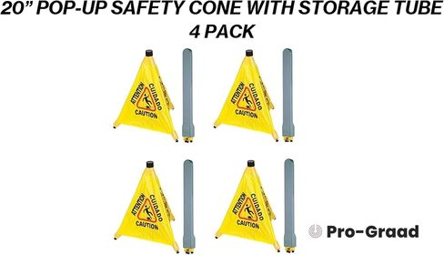 Commercial 20 inch Multi-Lingual Caution, Wet Floor Pop-Up Safety Cone with Storage Tube | Yellow, Caution - Warning Sign for Retail, Grocery, Office, Cinema, Restaurant, Malls | 4 Pack in Saudi Arabia