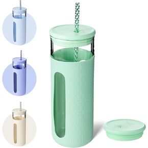 BOTTLE BOTTLE Glass Tumbler with Straw and Lid, 20 oz Glass Water Bottles, Reusable Iced Coffee tumbler, Smoothie Cup, Wide Mouth Glass Cup with Silicone Sleeve, BPA FREE (Green)