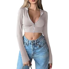 Women’s Long Sleeve Zip Up Crop Top Hoodie Slim Fit Outdoors Workout Sexy Jacket