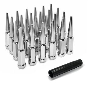 1/2"-20 Wheel Spike Lug Nuts，24pcs 1/2-20 Locking Spiked Lug Nut with 1 Socket Key，4.4" Tall Chrome Acorn Lug Nut Replacement for Wrangler Cherokee Liberty