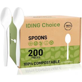 100% Compostable 200 Count No Plastic Spoons, Plastic Utensils, The Heavyweight Heavy Duty Flatware is Eco-Friendly Products for Lounge Party Wedding Office BBQ Picnic Camping.
