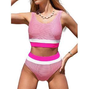 CUPSHE Women's Bikini Sets Two Piece Swimsuit High Waisted Tank Top Scoop Neck Wide Straps Color Block