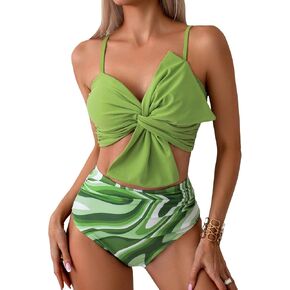 OYOANGLE Women's 2 Piece Swimsuit Twist Bow Front Spaghetti Straps Swimwear Colorblock Sleeveless Mid Rise Bathing Suits in Saudi Arabia