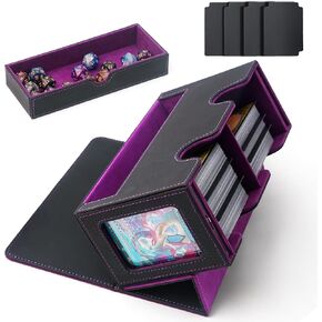 Card Deck Box Fits MTG Commander, Trading Card Storage Box with 2 Display Windows & Large-capacity Dice Tray, TCG Deck Box with 4 Dividers, Holds 200+ Double-Sleeved Cards (Black&Purple)