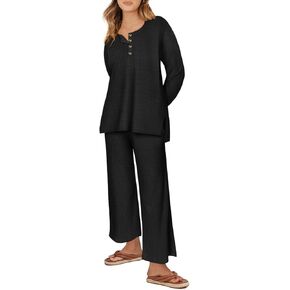 RITERA Plus Size Women 2 Piece Outfits Lounge Sets Knit Waffle Pullover Tops Wide Leg Pants Sweatsuit Pajama Sets XL-5XL