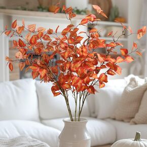 5PCS Artificial Fall Eucalyptus Leaves Stem Plants, 32.7 inch Fake Leaves Autumn Greenery Branches Burgundy Shrubs Silk Faux Foliage DIY Stems for Thanksgiving Festival Home Kitchen Farmhouse