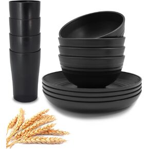 KITWILD Wheat Straw Dinnerware Sets, 12-Piece Lightweight Plastic Dinnerware Set with 8.9 Inch Unbreakable Plates, Bowl Set and Cup Set, BPA free, Dishwasher & Microwave Safe, Service for 4 - Grey