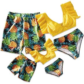 Family Matching Bikini Swimsuit Set Two Pieces Blue Leaves Printed Ruffles Mommy and Me Swimwear