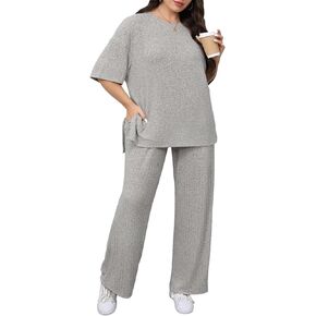 Beautife Womens Plus Size Lounge Sets Short Sleeve Tops and Wide Leg Pants Airport Travel 2 Piece Outfits Tracksuit