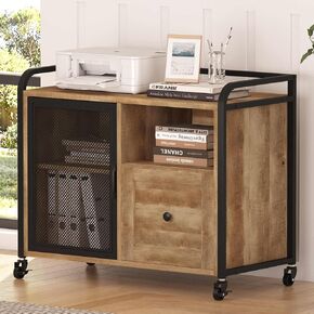 BON AUGURE Lateral File Cabinet for Home Office, Rolling Filing Cabinets with Drawer, Mobile Wood Metal Printer Stand with Storage (Rustic Oak)